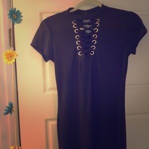 Tight jersey material black lace up dress